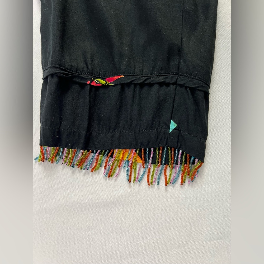 Paradiso Rayon Black with Tropical Print Beaded Hem Cropped Pants Vacation Beach
